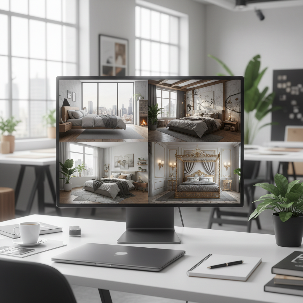 Screen displaying AI-generated bedroom designs