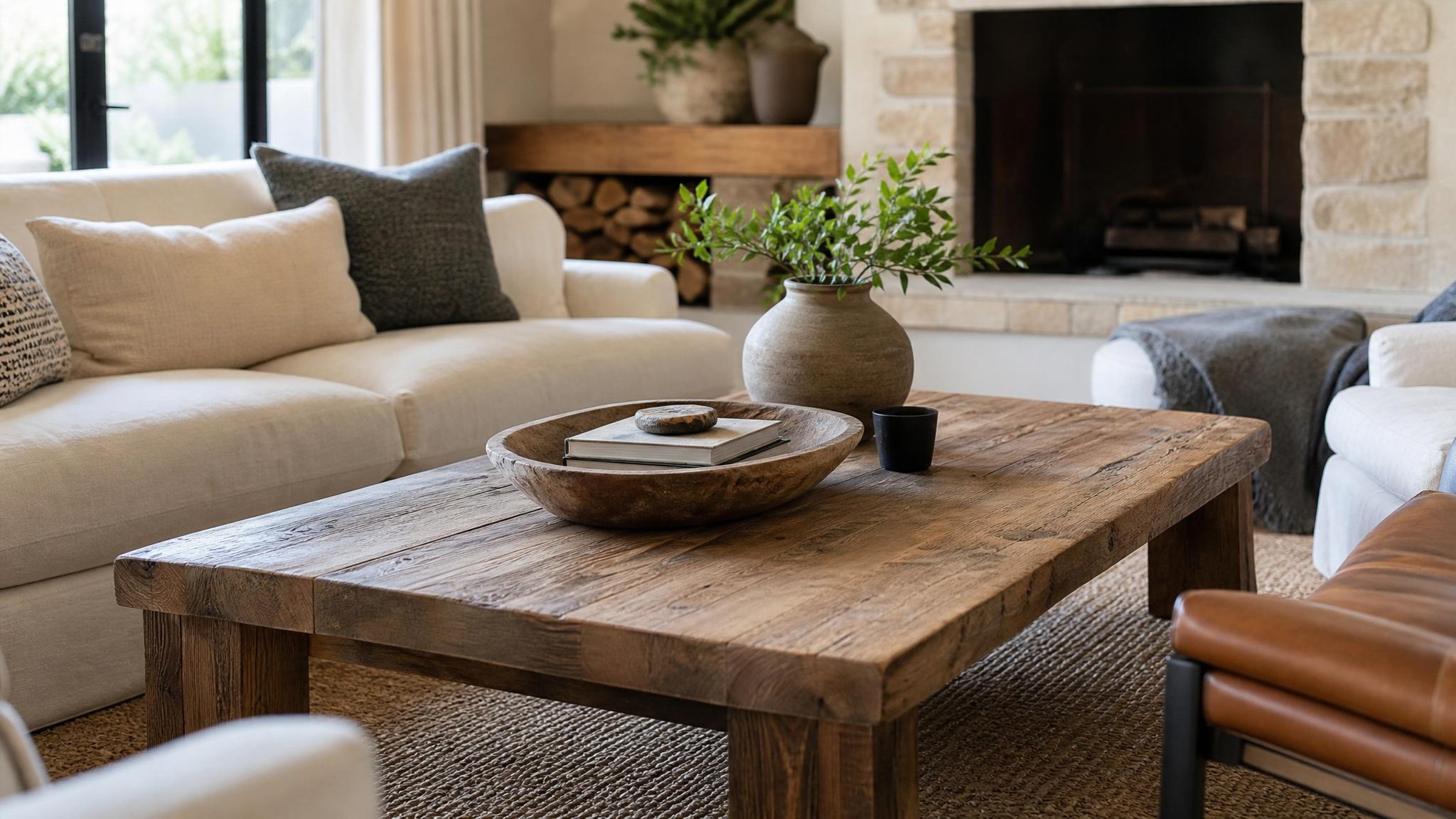 Rustic wooden coffee table surrounded by soft seating