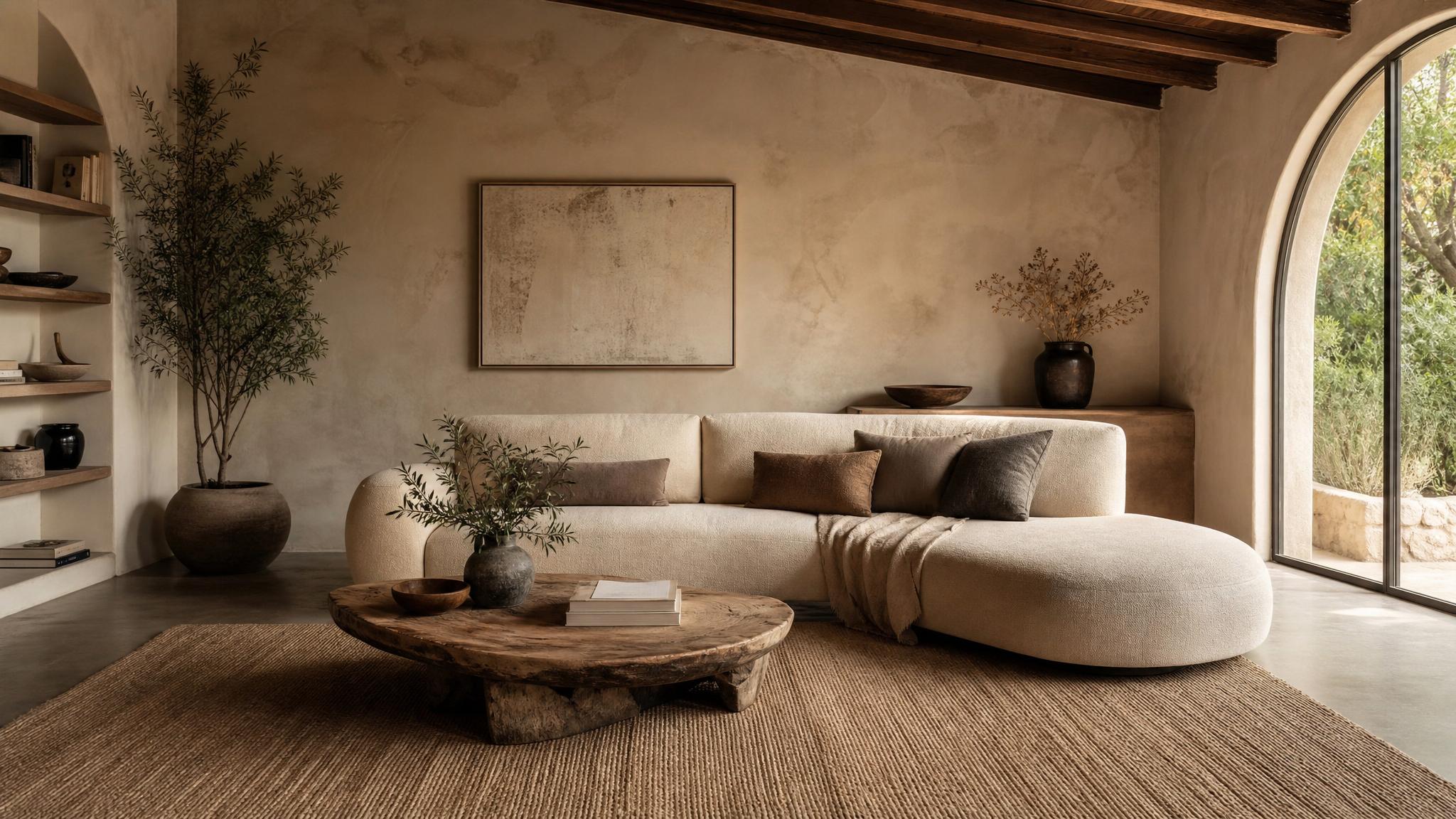 Asymmetrical sofa in a wabi-sabi living room