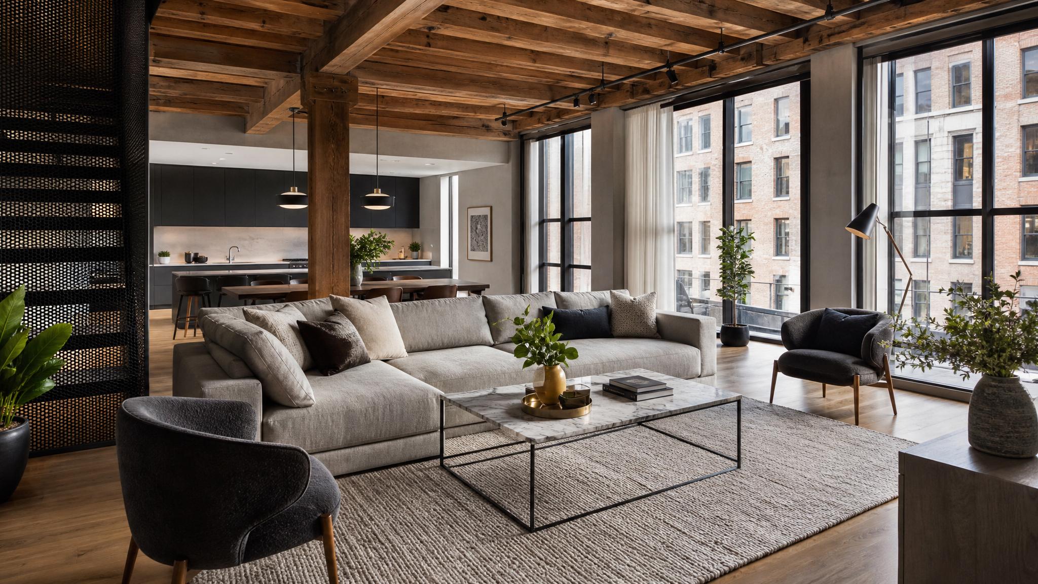 Image of a luxurious open-plan living room in a loft