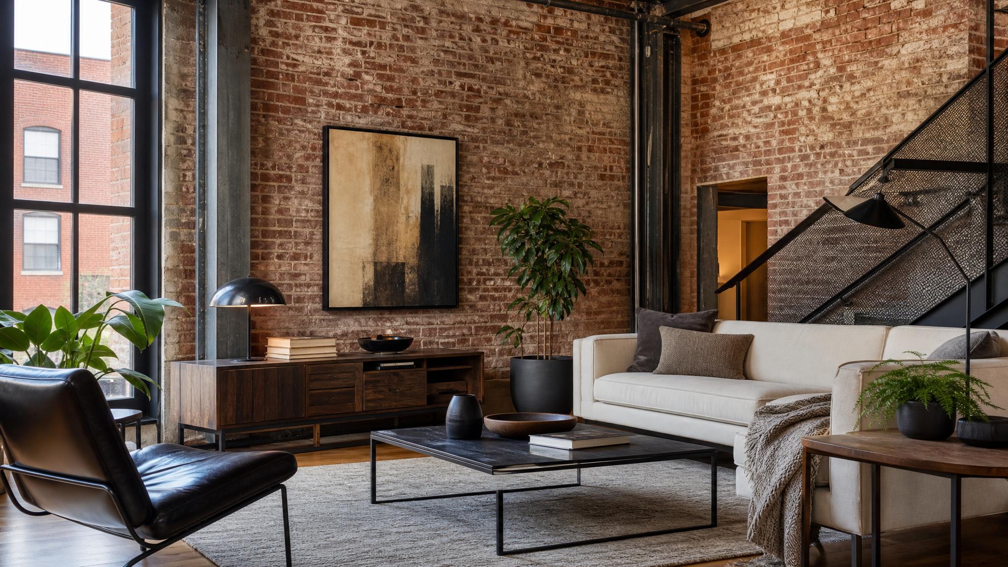 A stylish industrial living room with exposed brick walls and metal fixtures.