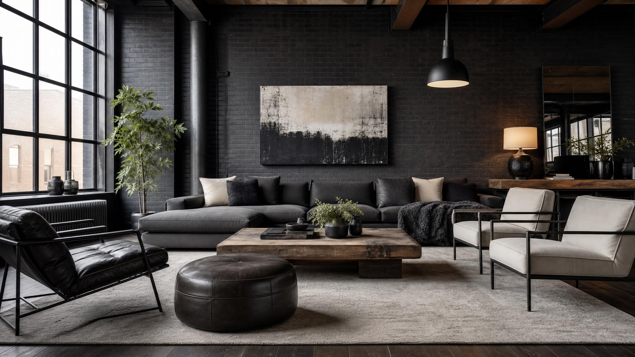 An industrial living room designed with a monochrome palette and chic decor.