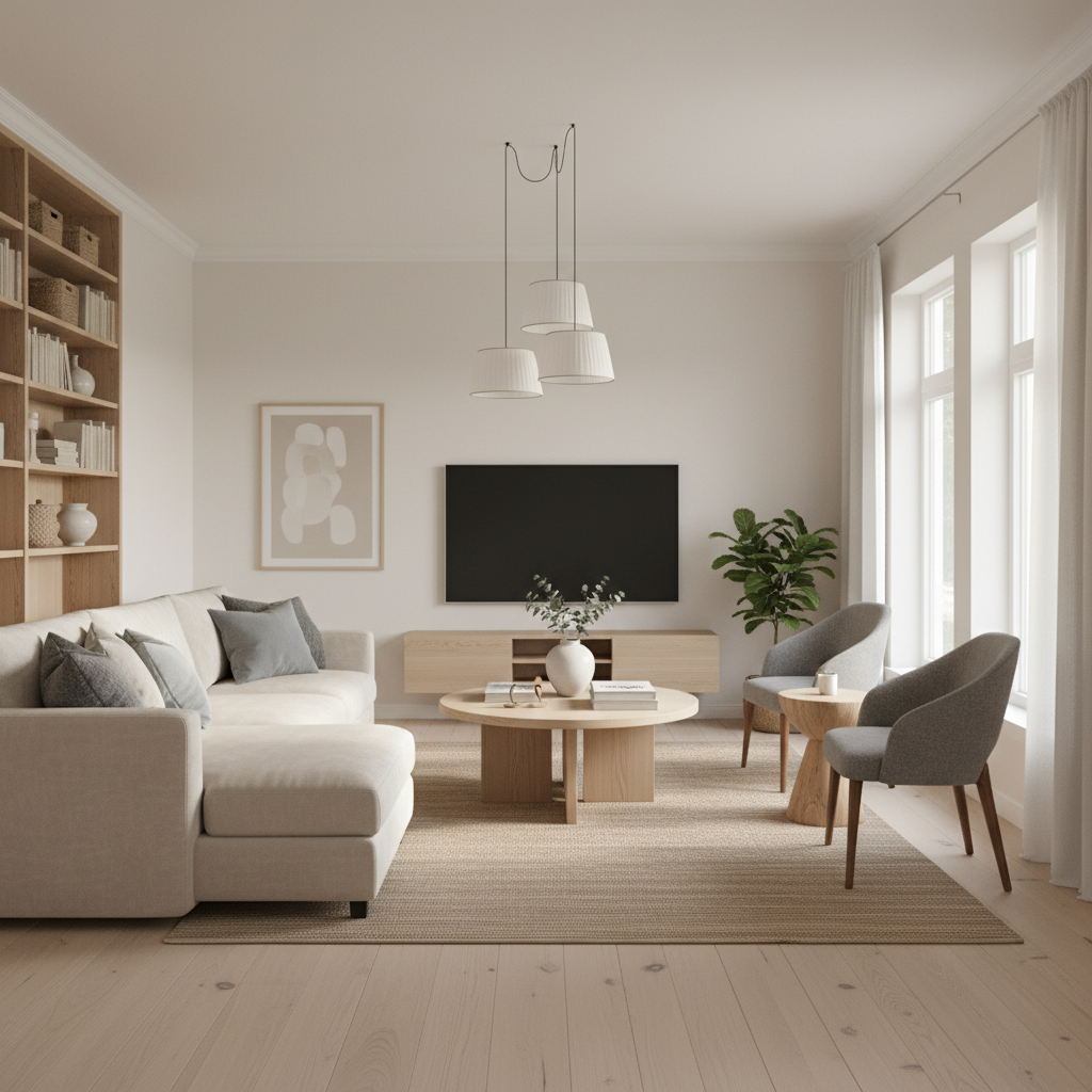 A stylish Scandinavian living room featuring clean lines, a neutral palette, and natural wood elements.