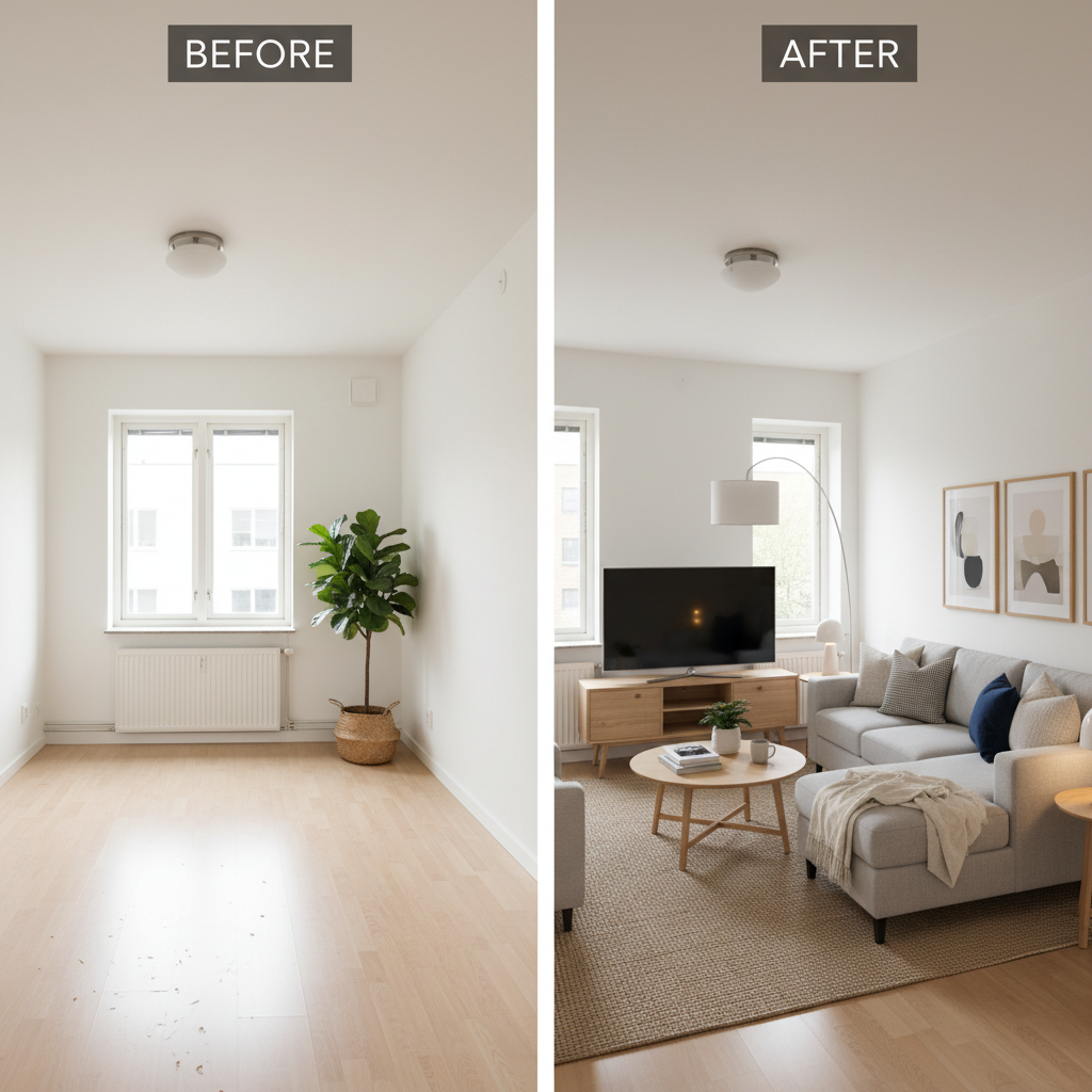 Before and after virtual staging of a small living room with Scandinavian design.