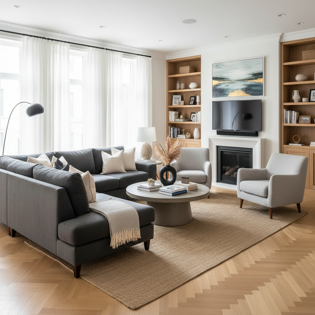A beautifully staged living room with modern decor for an Airbnb listing.