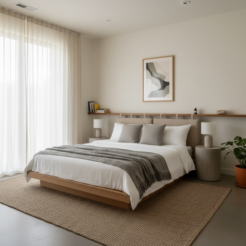A minimalist bedroom designed for relaxation in an Airbnb.