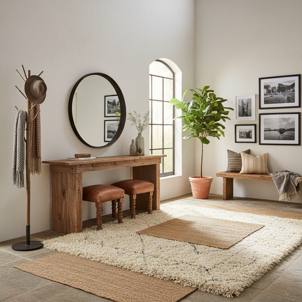Image of a rustic entryway showcasing wooden furniture, soft rugs, and natural light.