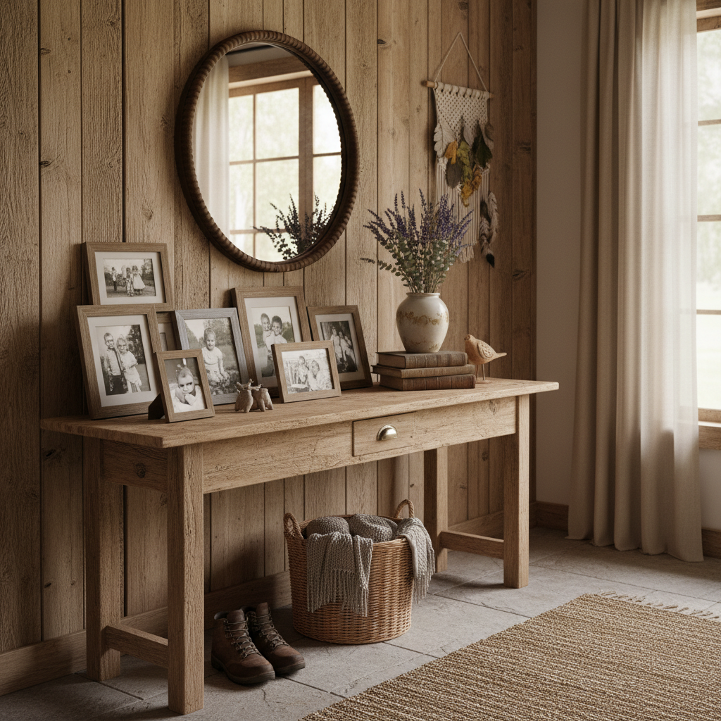 Image of personal touches added to a rustic entryway, such as family photos and decorative items.