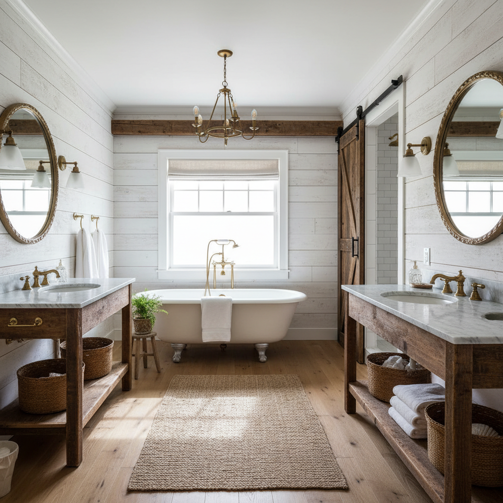 Farmhouse bathroom with wood accents and vintage fixtures.