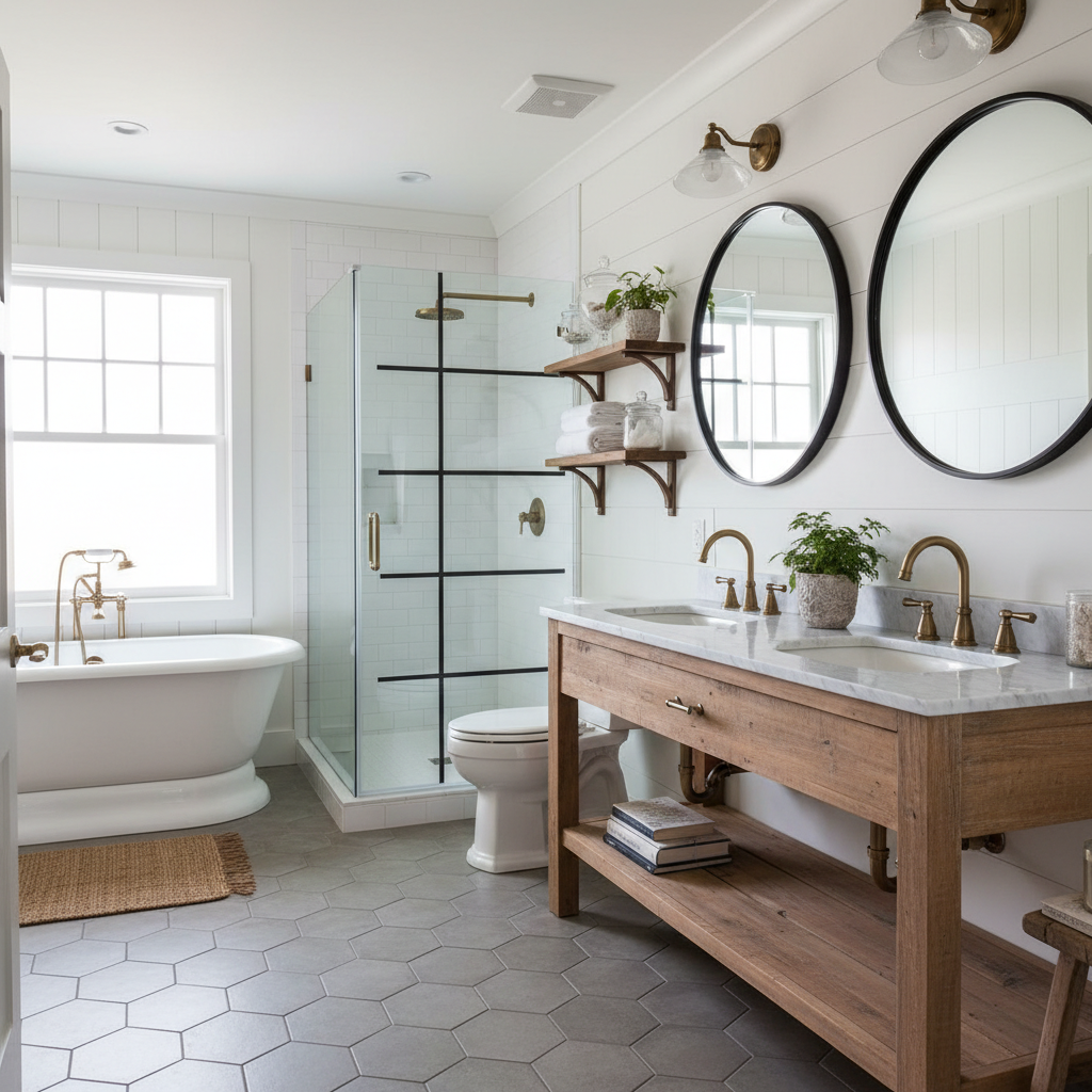 AI-generated design of a farmhouse bathroom.