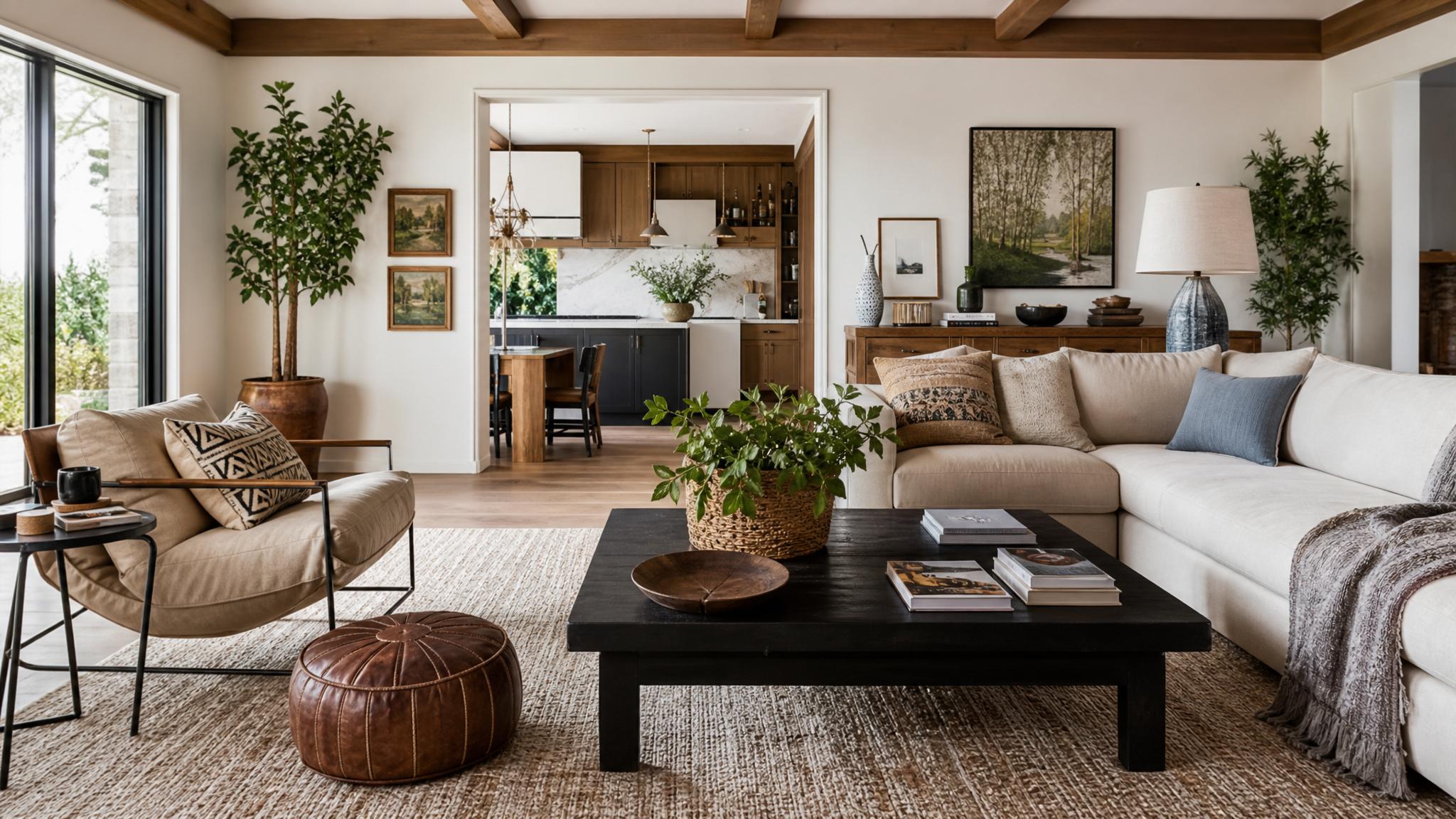 Image of a beautifully arranged eclectic living room in a new build.