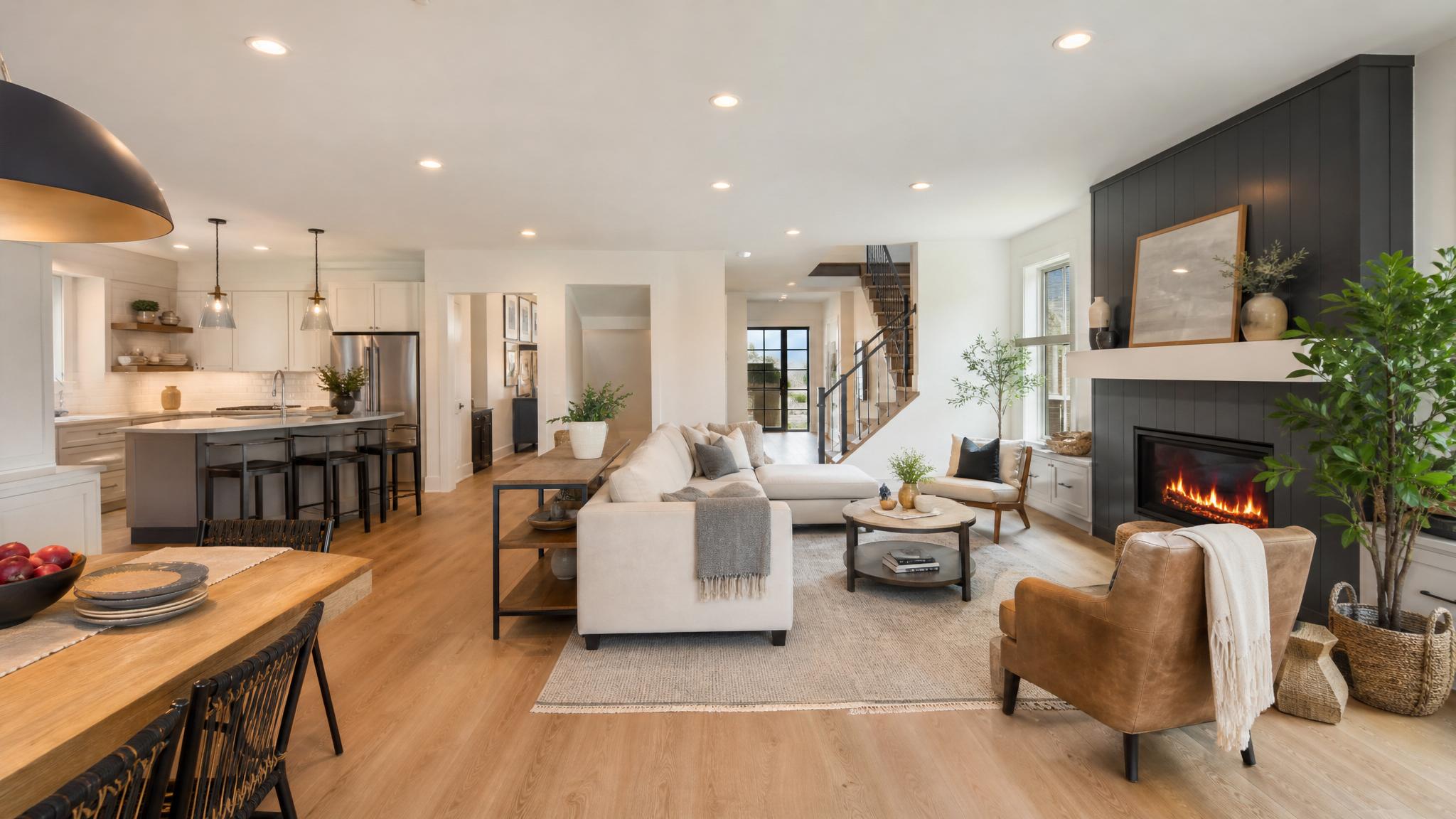 Image of a well-zoned open-plan living area showcasing different activities.