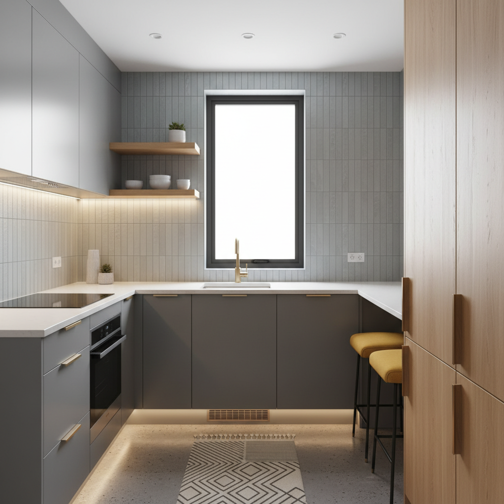 Image of a small, contemporary kitchen with effective use of space and a modern color palette.