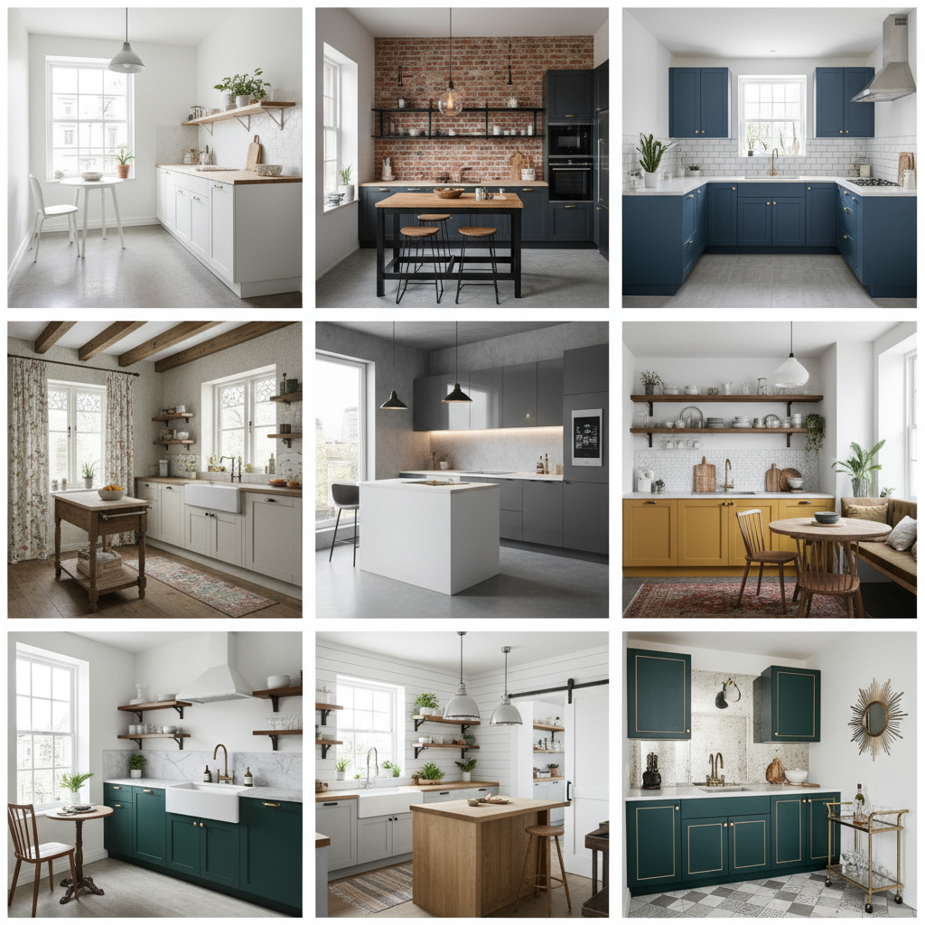 Image of AI-generated designs of a small kitchen, showcasing various styles and layouts.