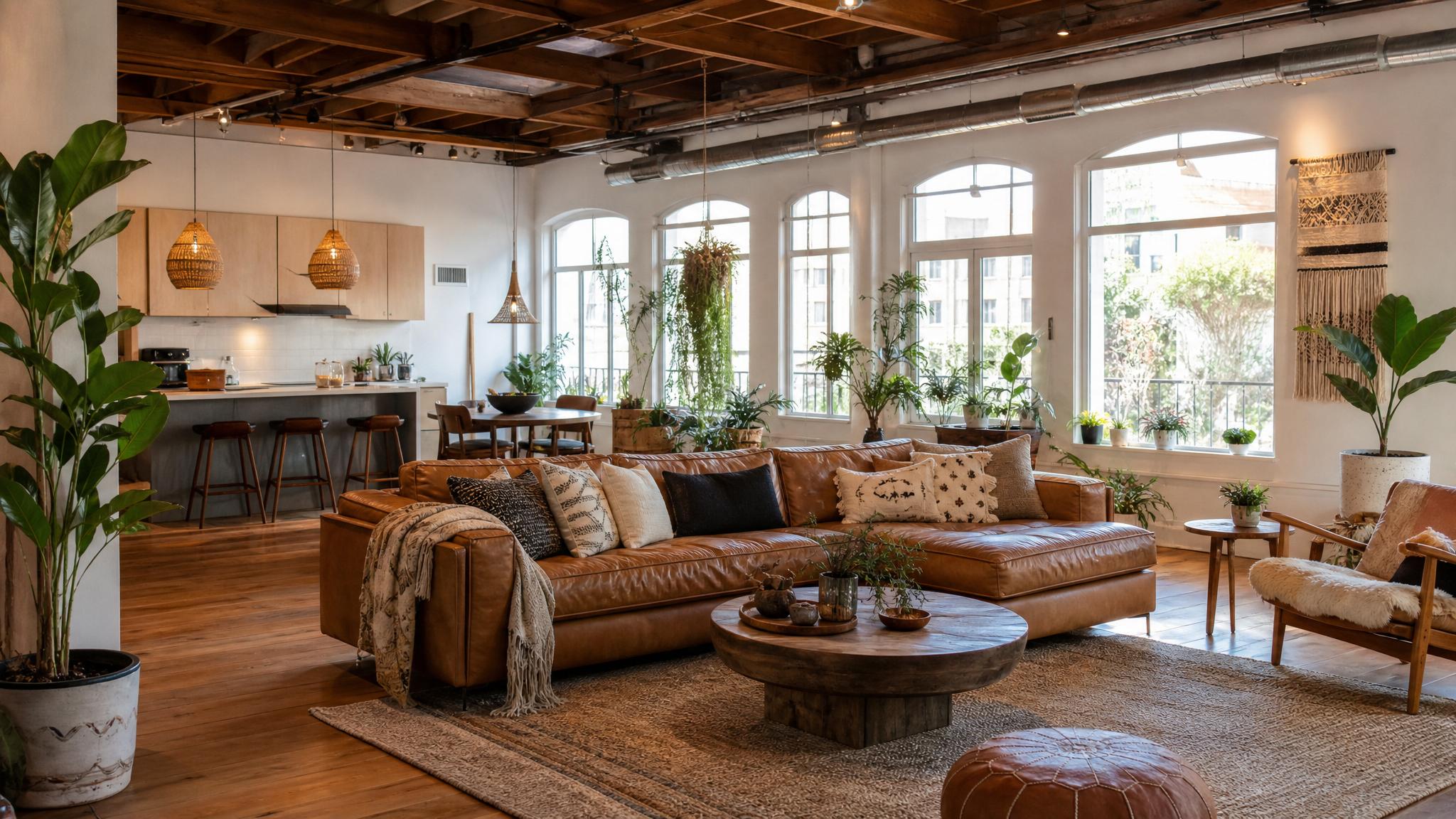 A beautifully decorated bohemian open-plan loft living room