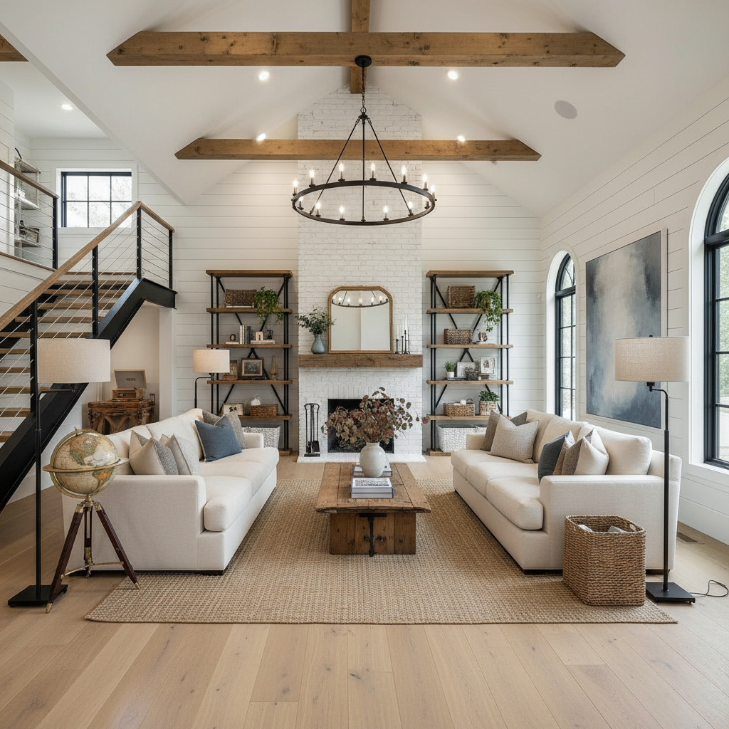 A beautifully staged farmhouse loft featuring rustic elements and modern decor.