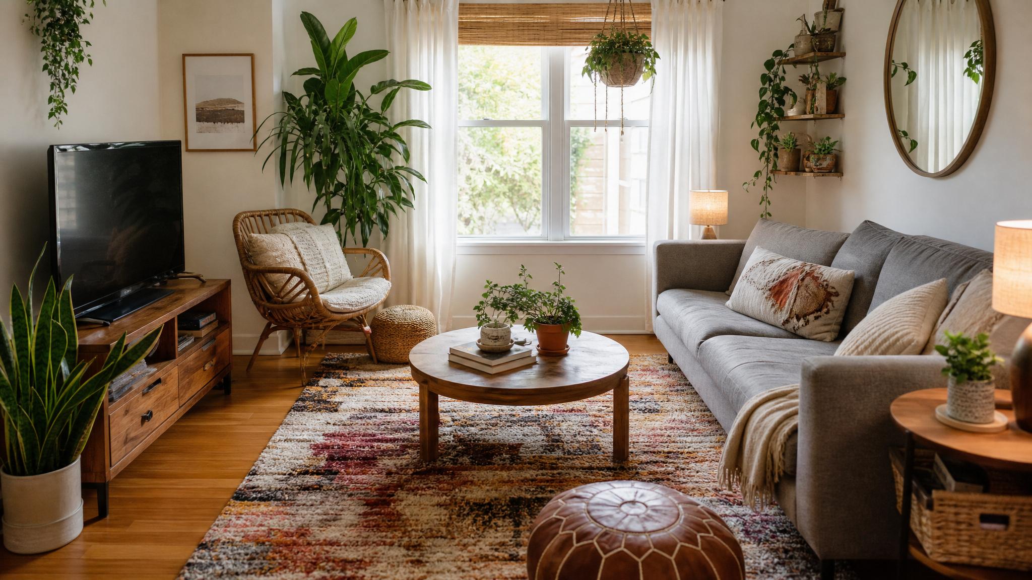 Image of a small bohemian living room with cozy decor and plants