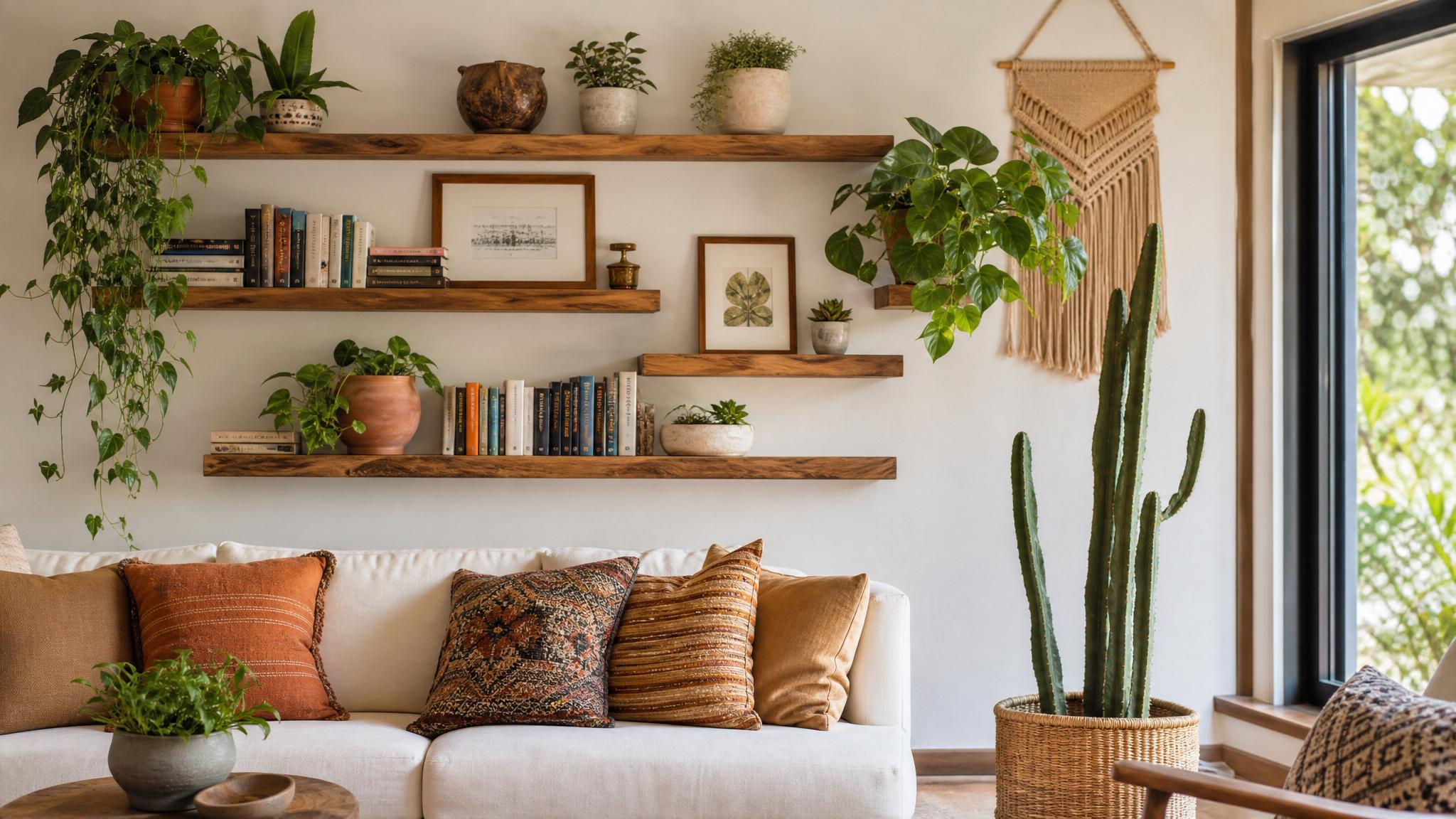 Image of floating shelves with books and plants in a bohemian living room
