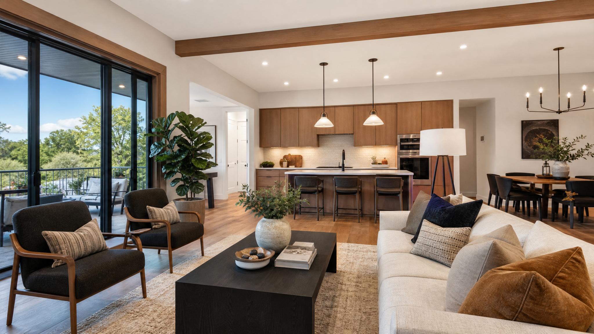 Image of a contemporary open-plan living room with a stylish color palette.