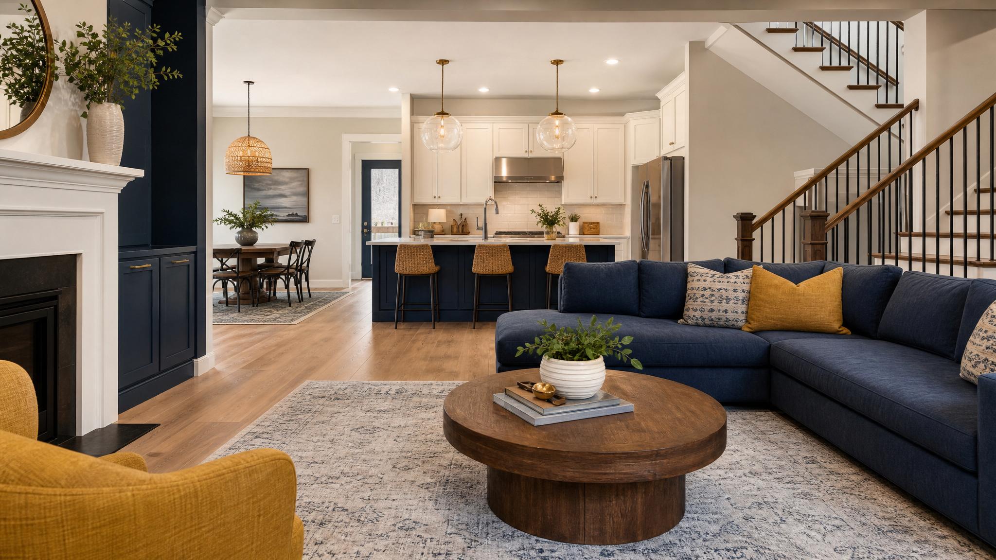 Image showcasing a navy blue and mustard yellow color palette in an open living room.