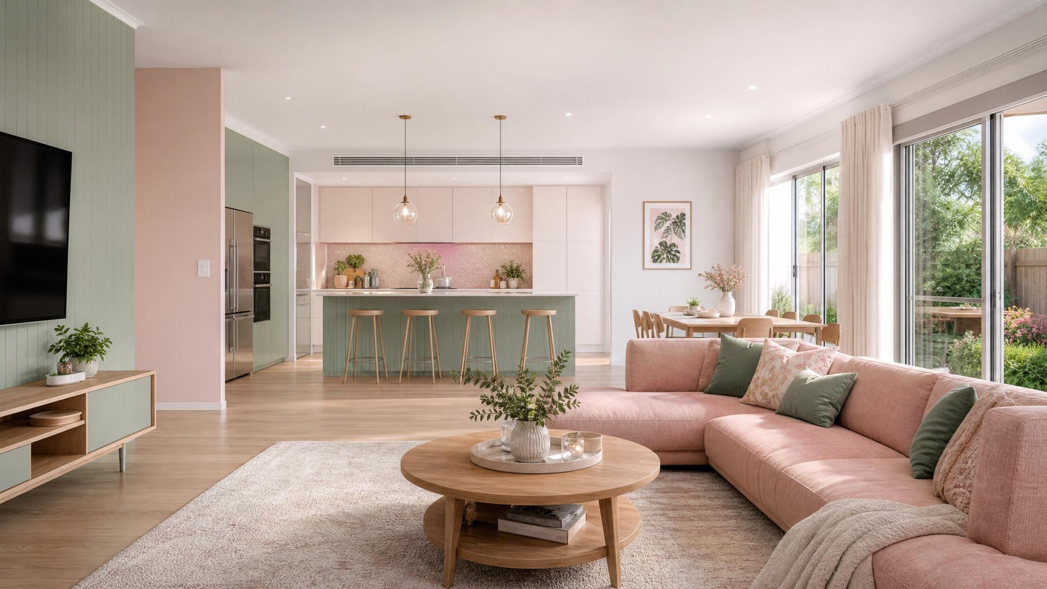 Image of an open-plan living room with blush pink and mint green color palette.