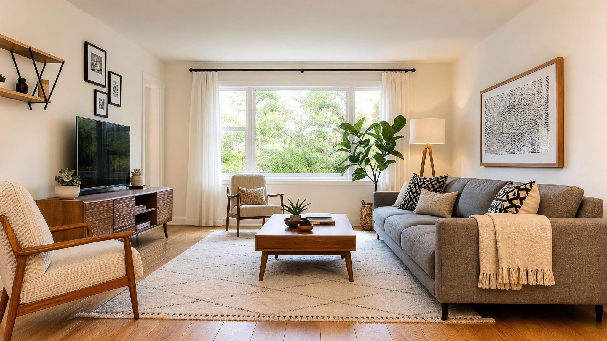 Stylish mid-century modern small living room with minimalist furniture.