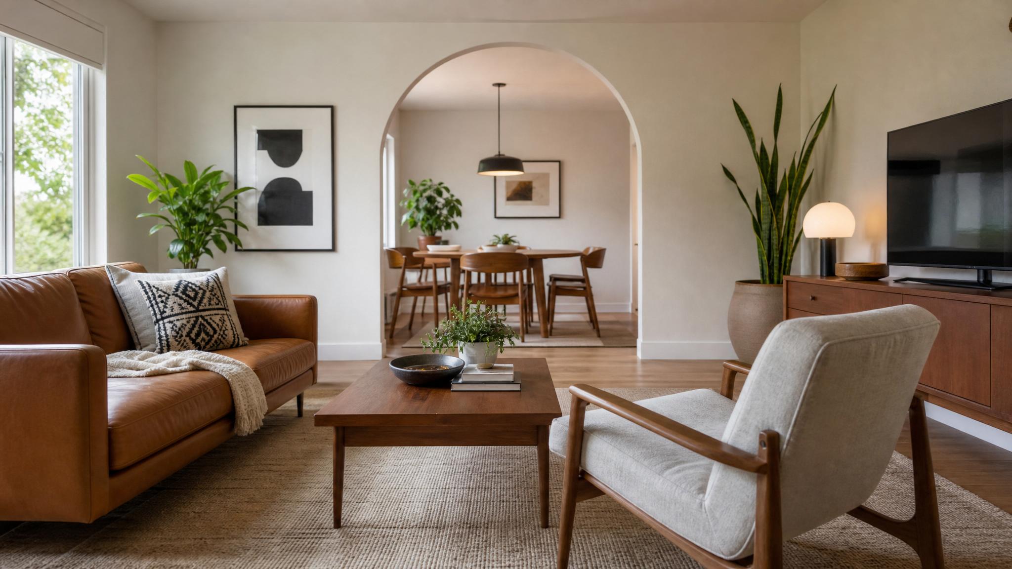 Artistic arrangement of mid-century modern decor in a small living room.
