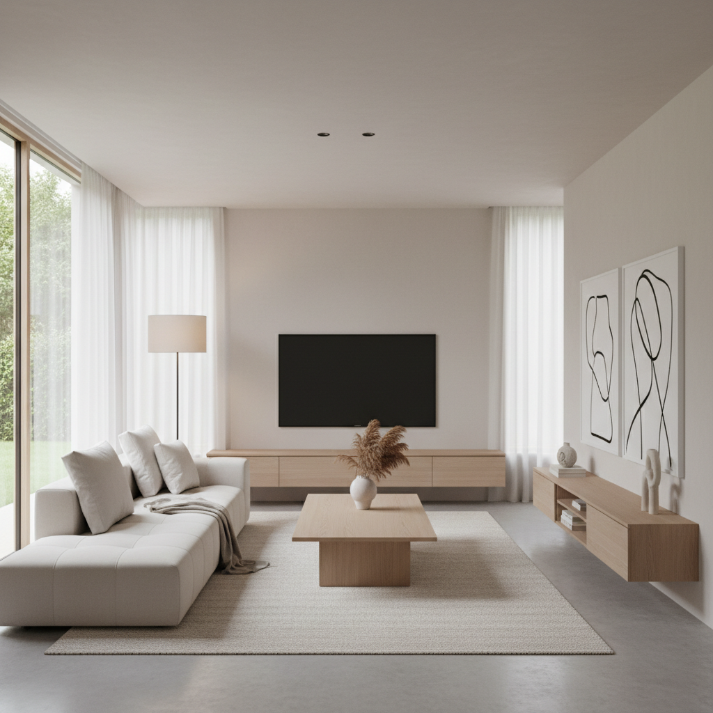Image showcasing a minimalist living room with neutral colors and simple furniture.