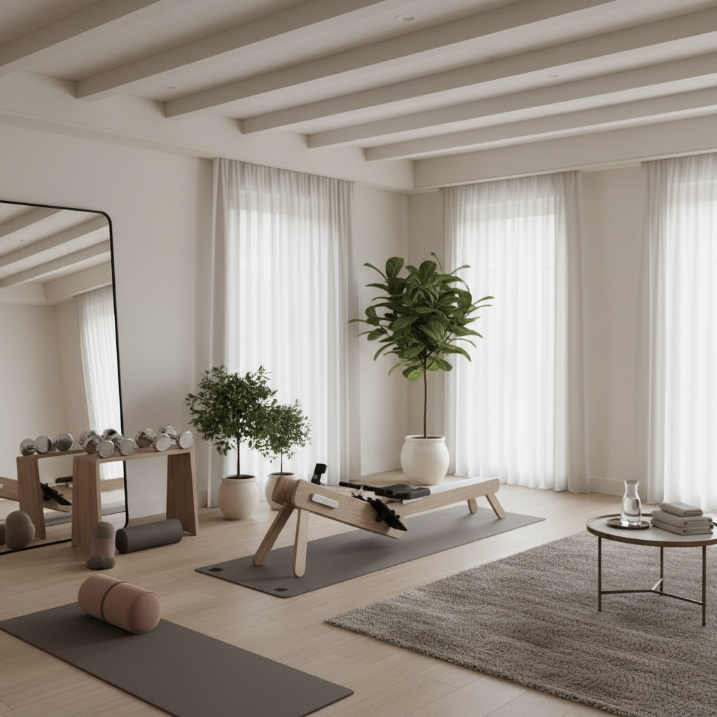 Image of a serene luxury home gym space with soft lighting and muted colors.