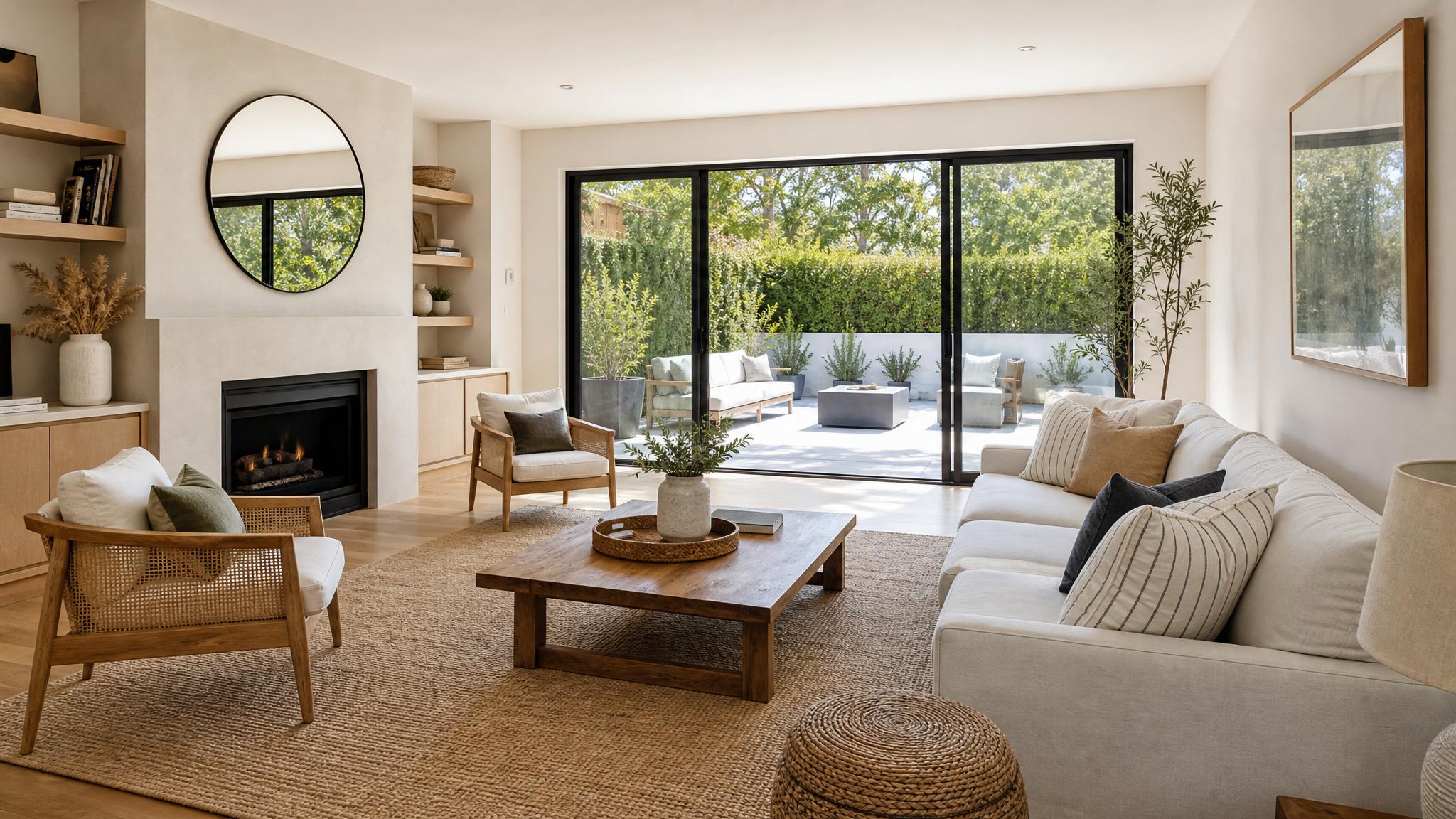A minimalist living room with neutral colors, clean lines, and stylish furniture.