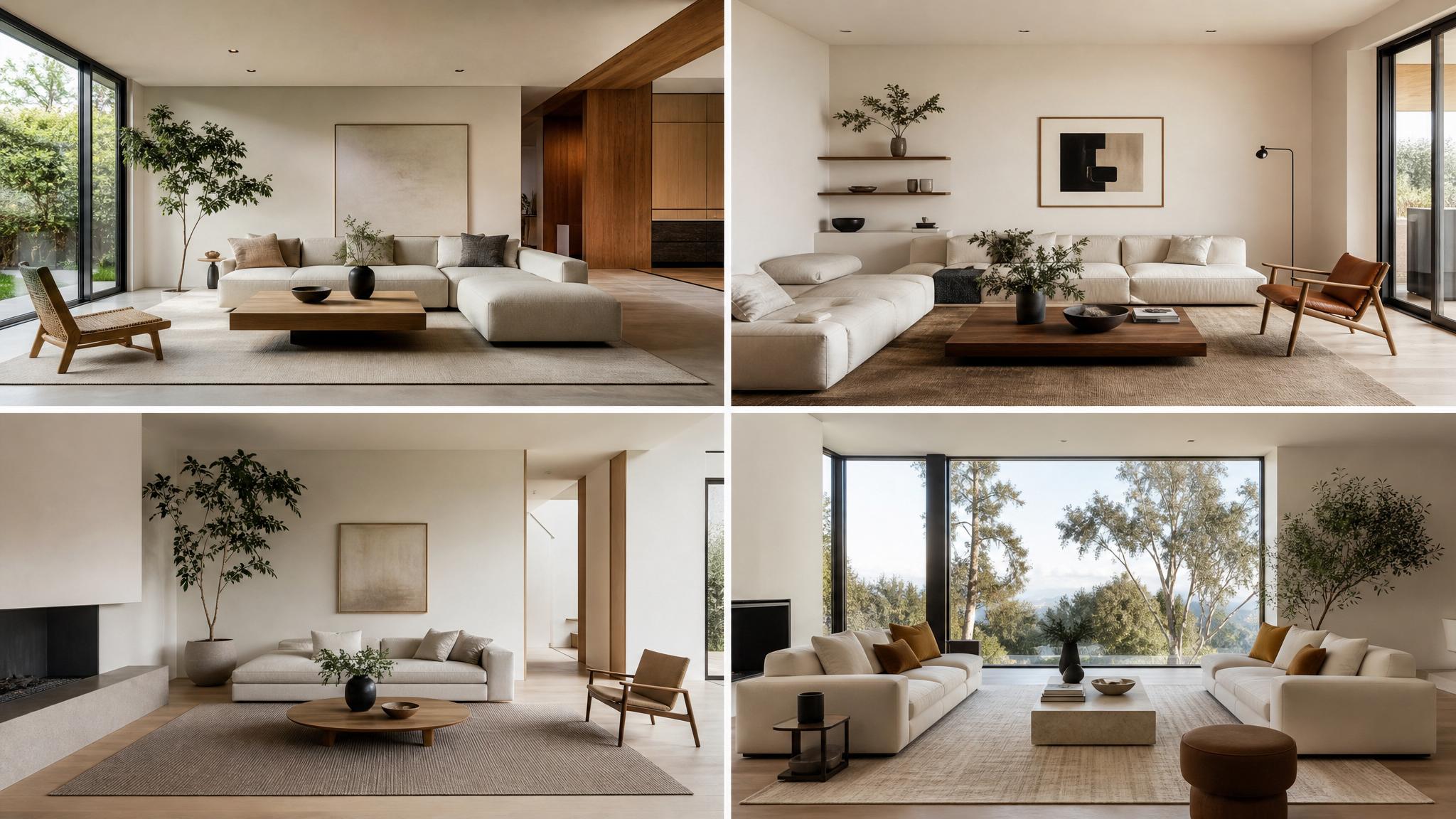 Different AI-generated minimalist living room designs with variations in furniture and layout.