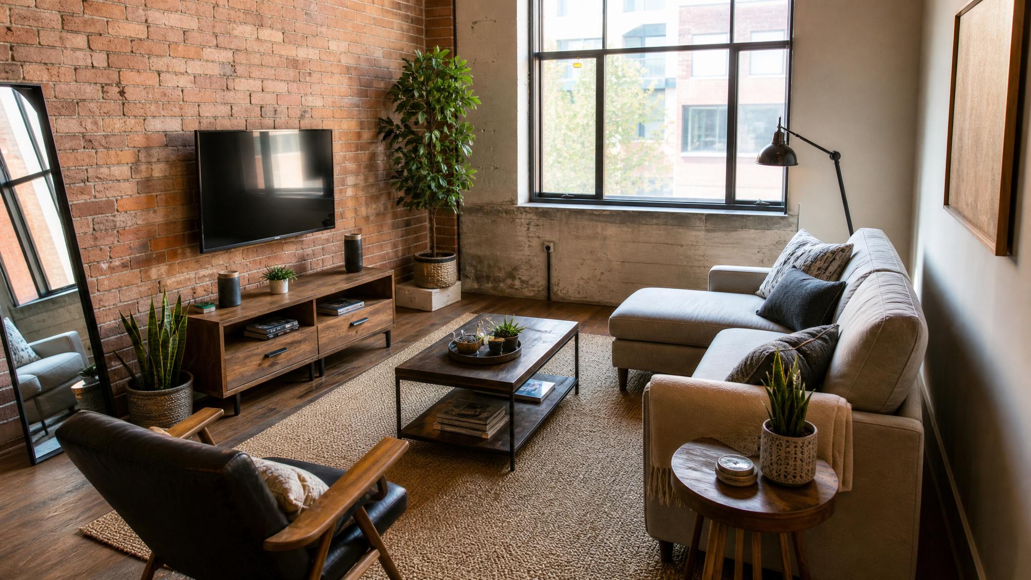 Image of a small industrial-style living room showcasing furniture layouts.