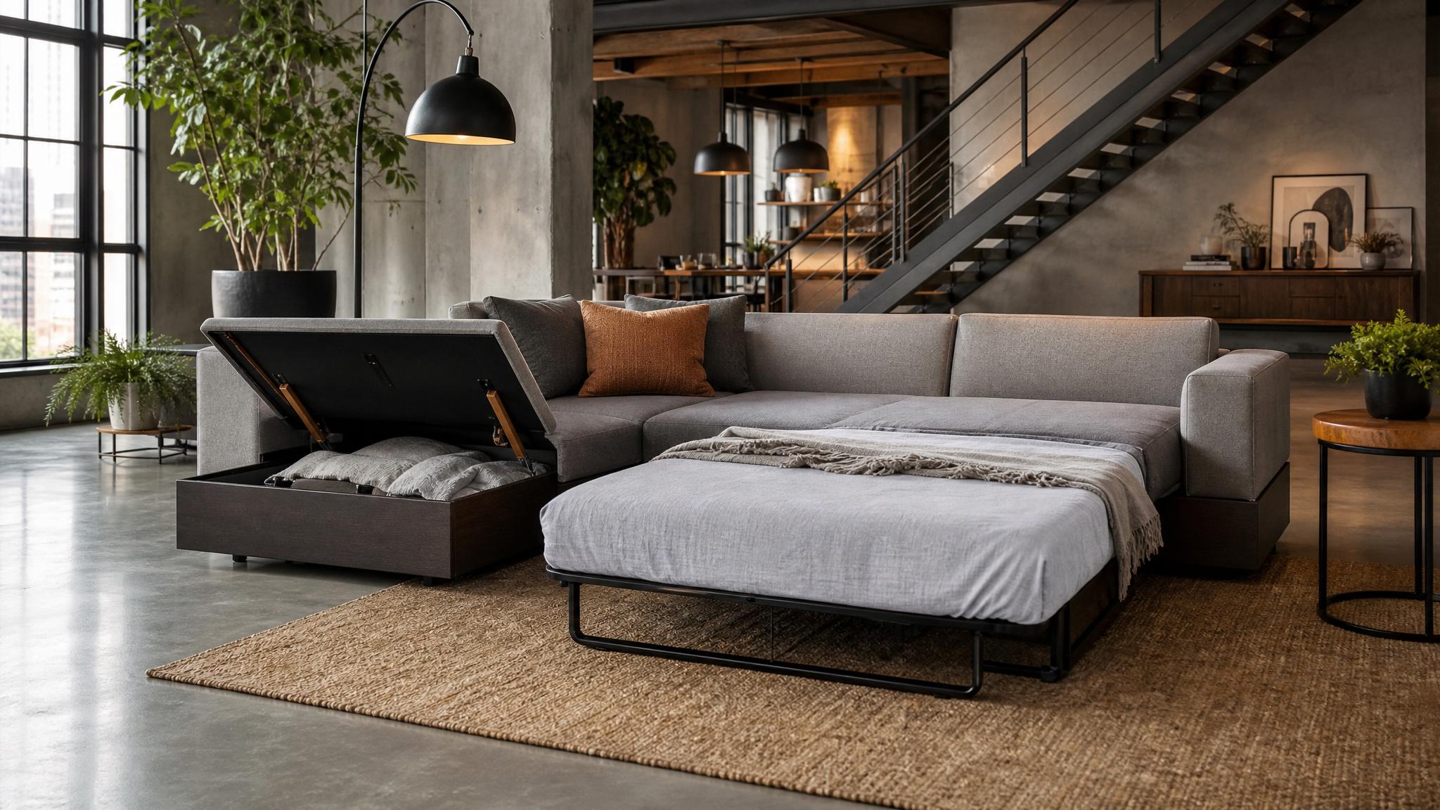 Image example of multi-functional furniture in an industrial living room.