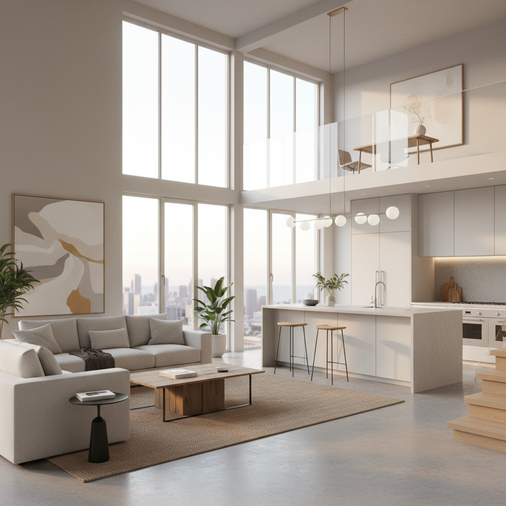 Image of a beautiful minimalist loft interior with neutral colors and natural lighting.