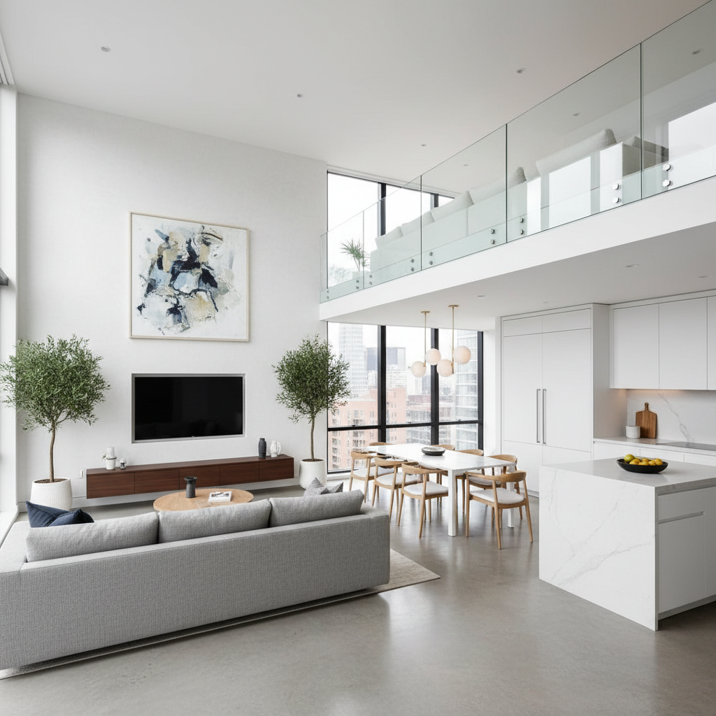 Image showing an AI-generated minimalist loft design layout.