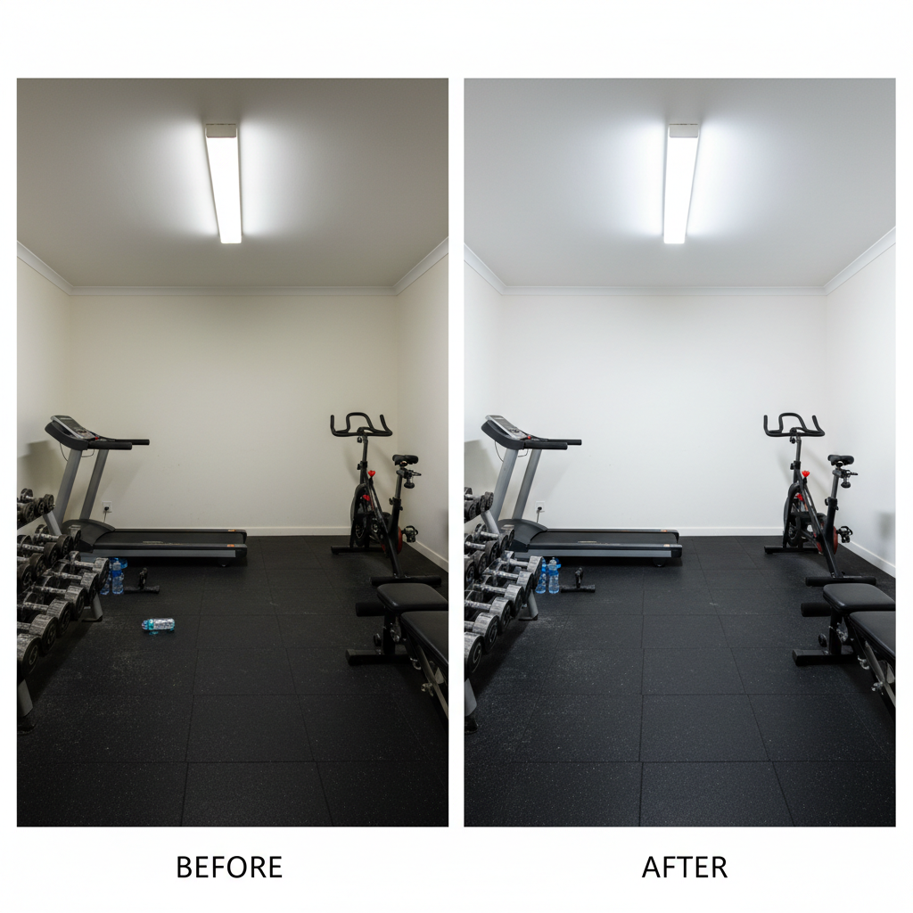 Before and after of home gym photo editing