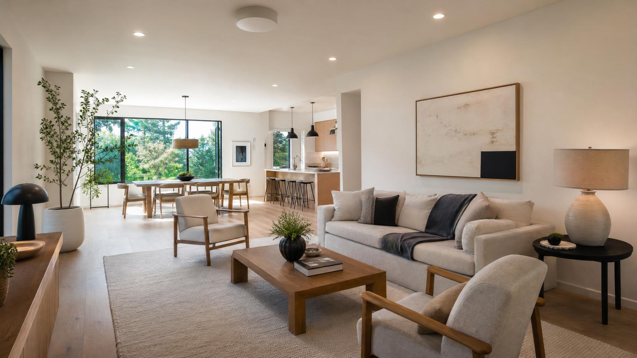 A beautifully staged minimalist open-plan living room with natural light, modern furniture, and minimal decor.