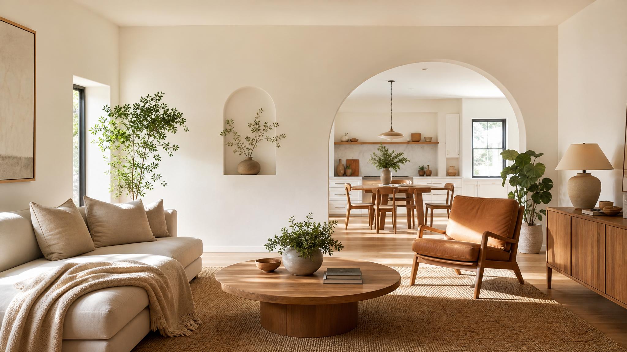 An airy, sunlit minimalist living room showcasing functional furniture and plants.