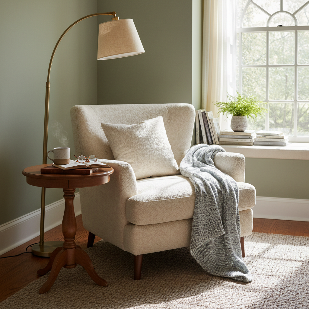 image of a cozy reading nook with a chair, a side table, and good lighting