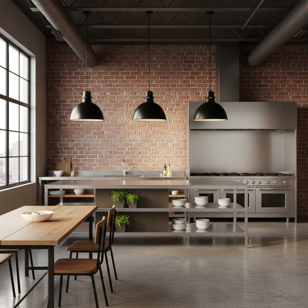 Image of a modern industrial kitchen with exposed brick and stainless steel.