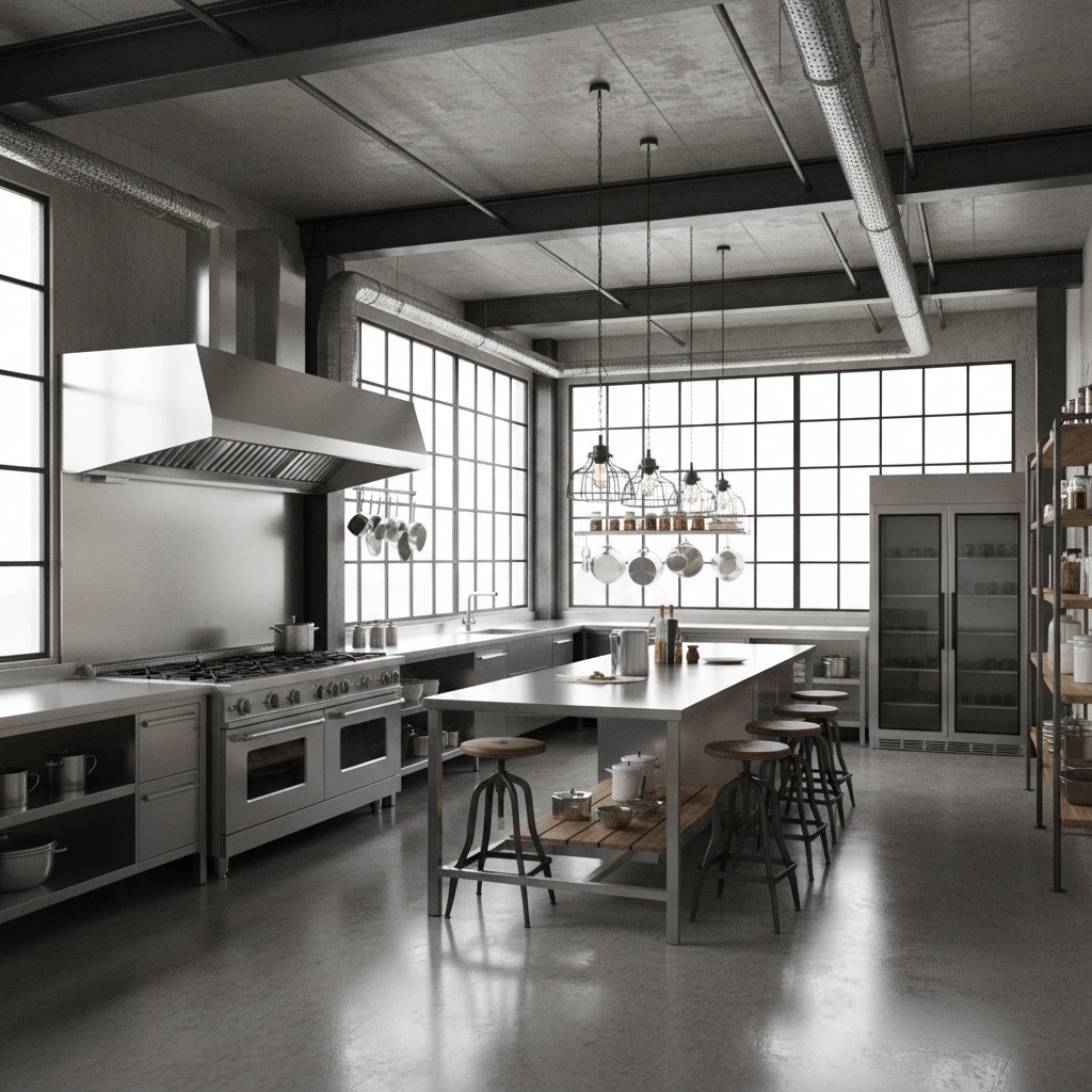 Image of a digital rendering of an industrial kitchen designed with AI.