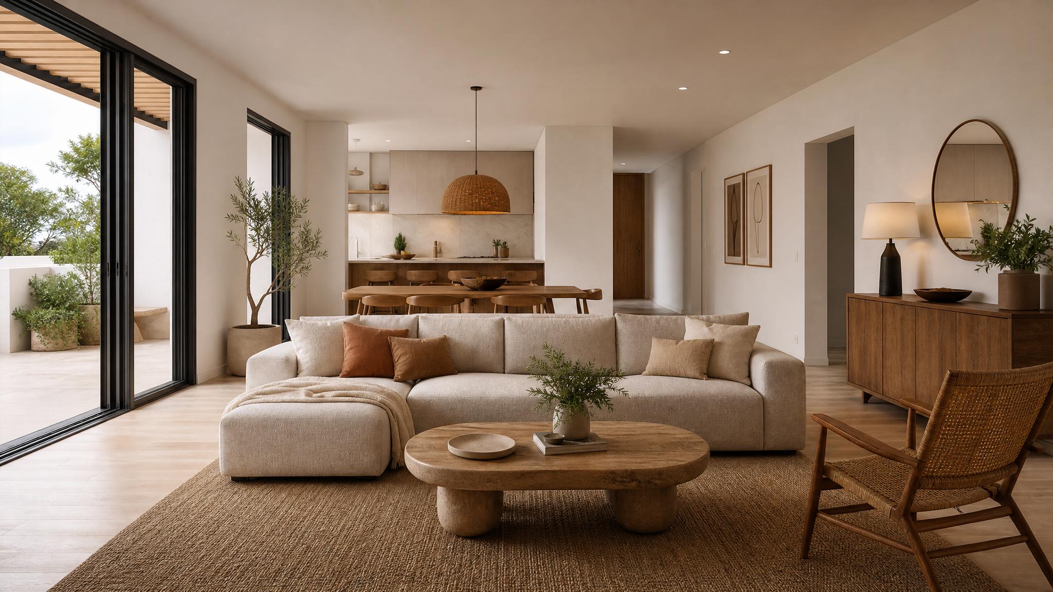 A beautifully designed open-plan living room showcasing warm minimalism with neutral colors, natural materials, and cozy textures.