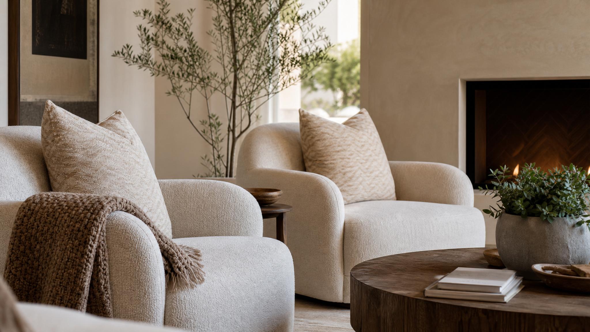 Close-up view of a cozy seating arrangement in a warm minimalist living room, featuring soft fabrics and a neutral palette.