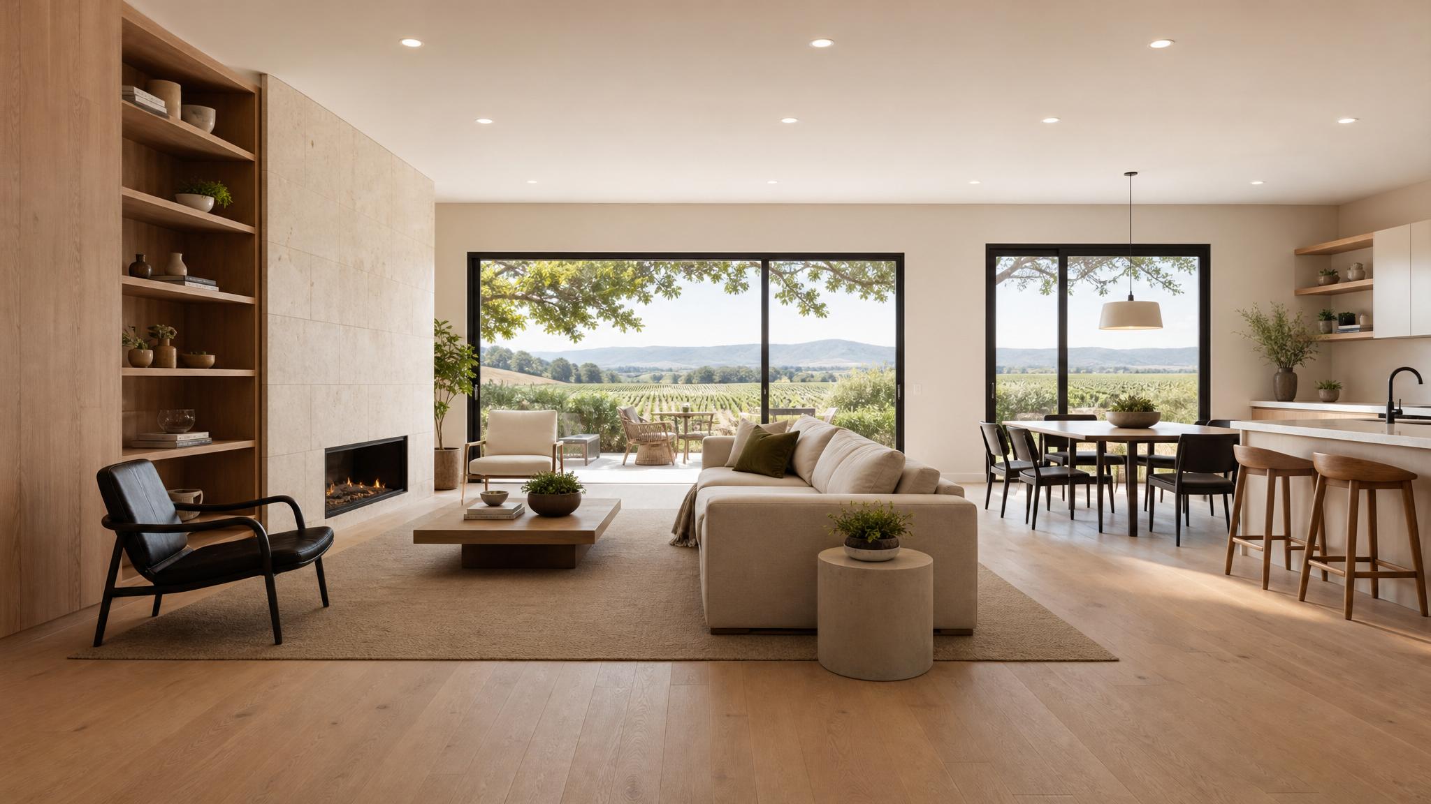 A digital rendering of a warm minimalist open-plan living room created with AI design tools, showcasing fluid spaces and inviting aesthetics.