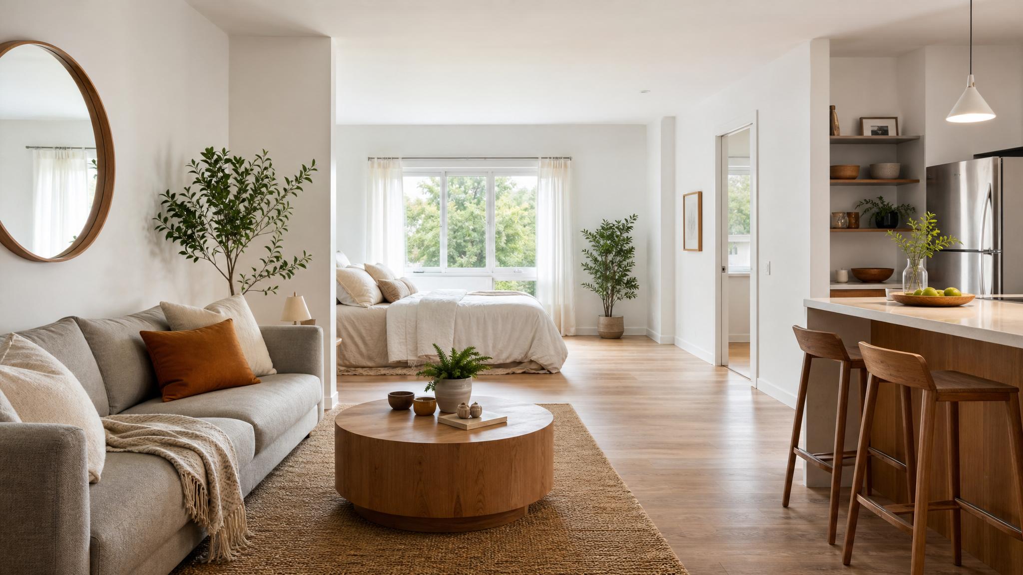 An open-plan studio apartment showing a cozy living area.
