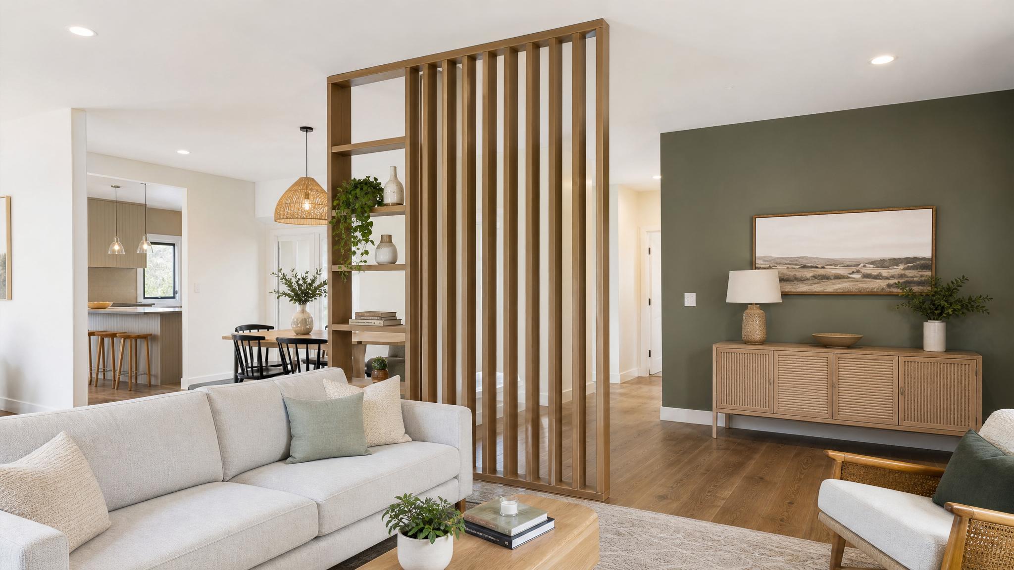 L-shaped living area showcasing a natural divider.