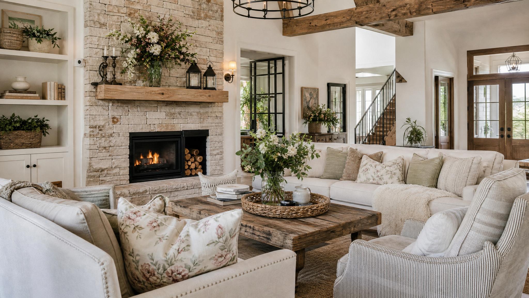 A beautifully staged farmhouse living room featuring rustic decor, floral arrangements, and neutral color schemes.