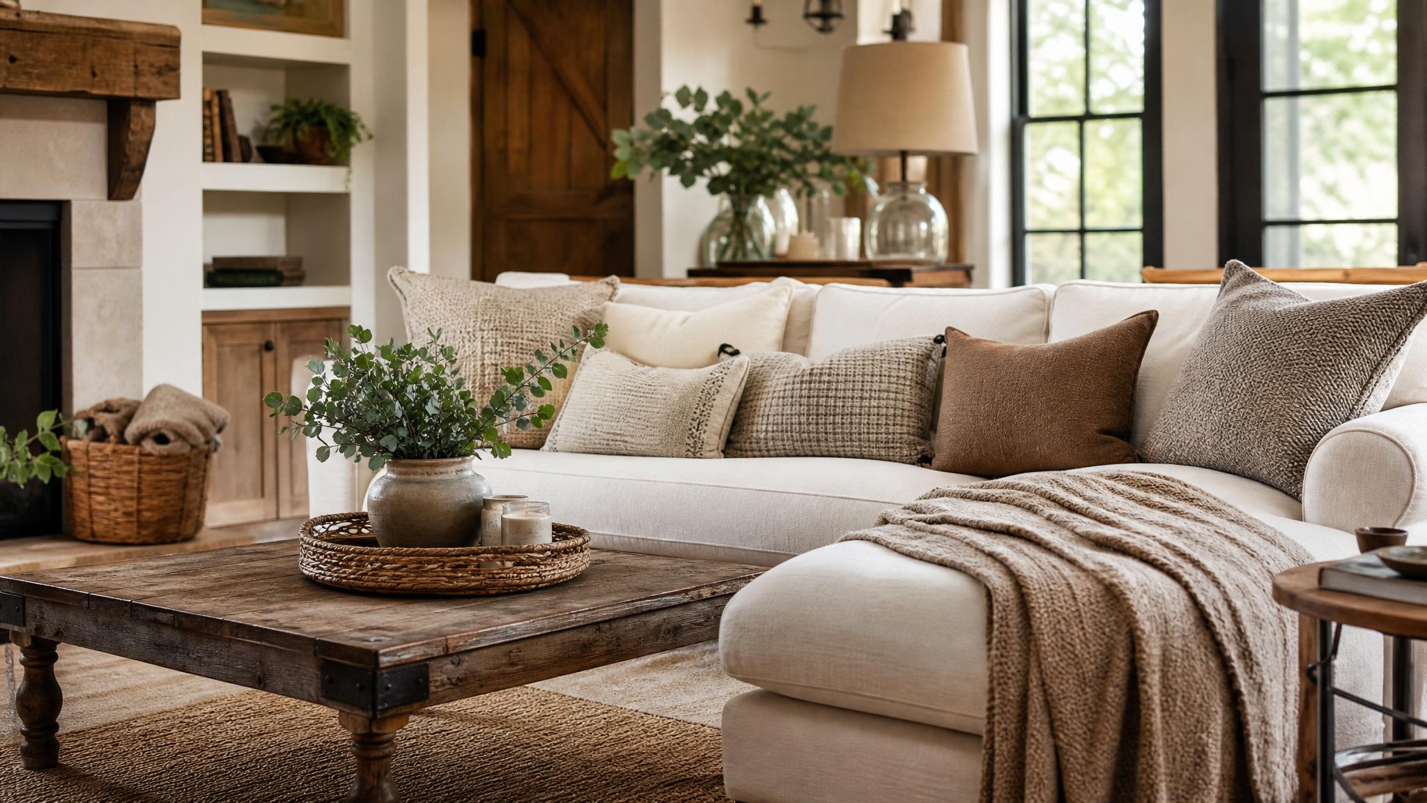 Cozy textiles in a farmhouse living room, featuring throw pillows and blankets that enhance warmth.