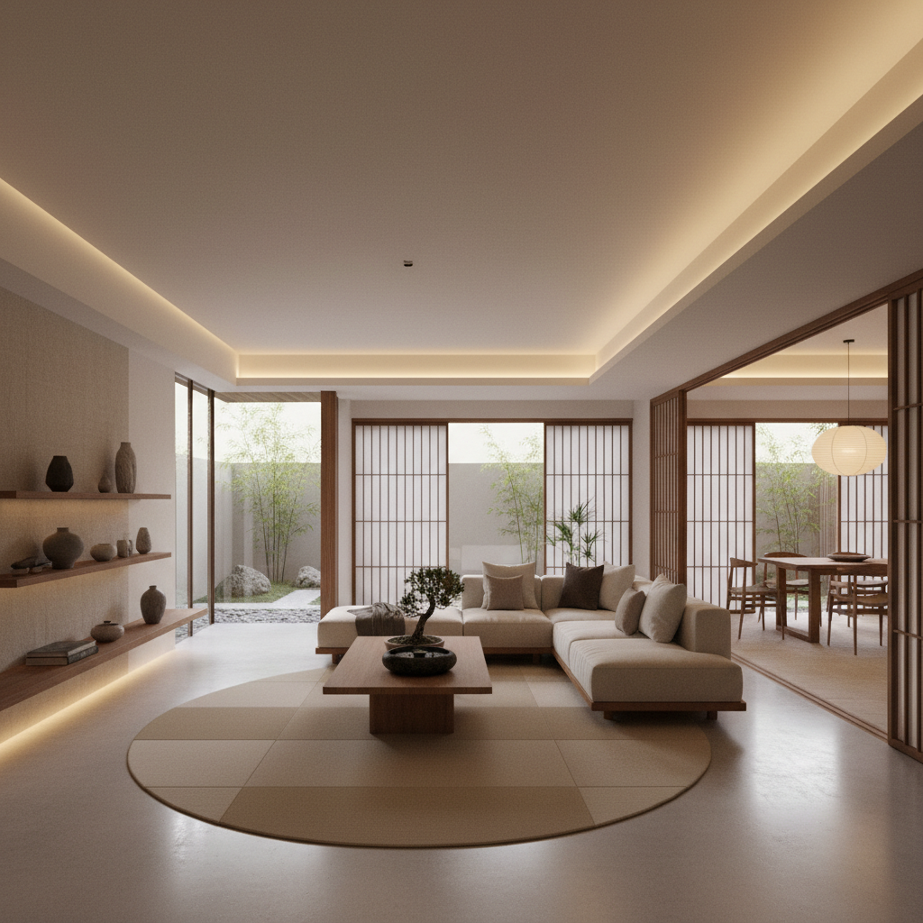 Image of a serene open-plan living room with zen elements