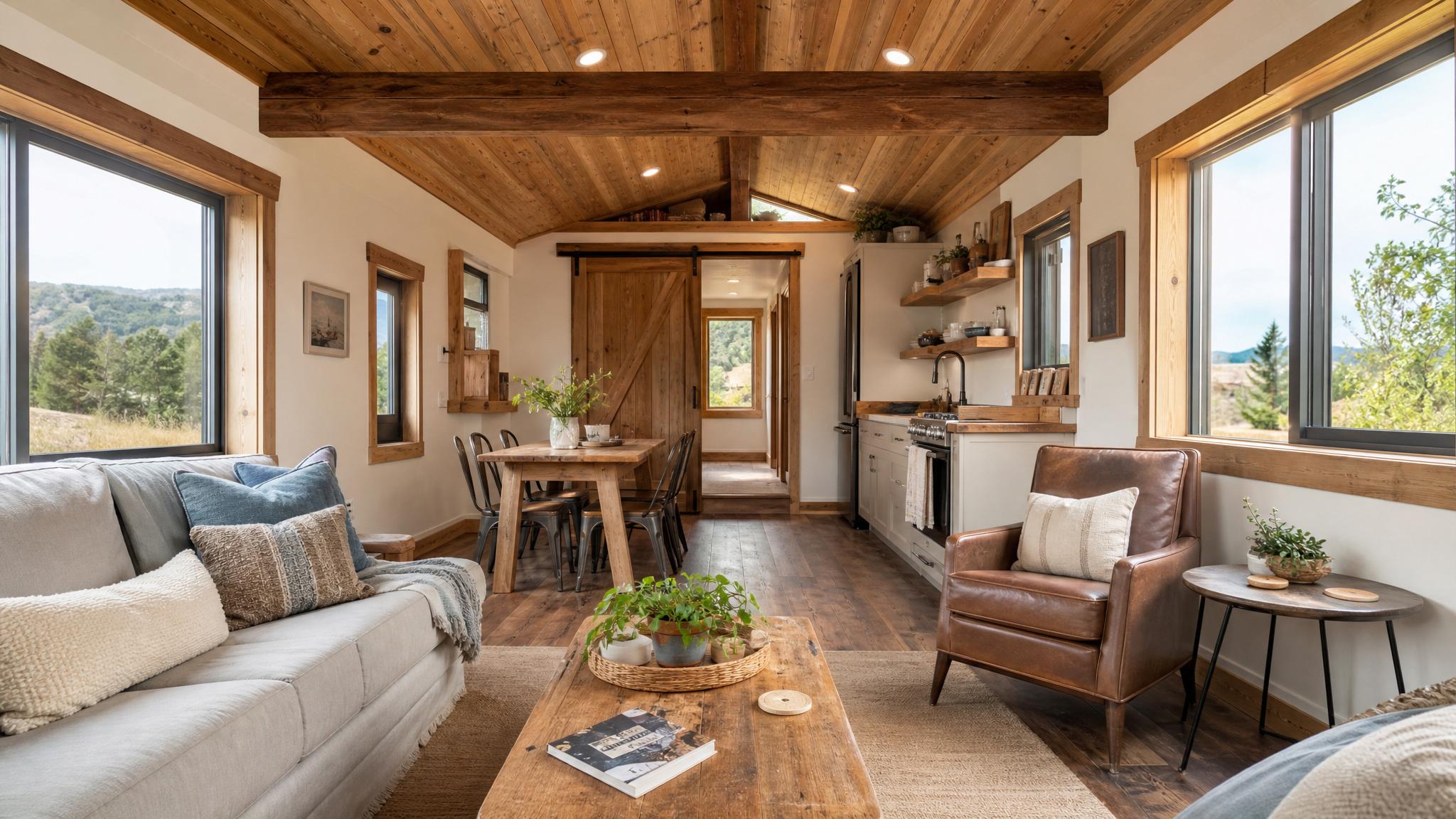 Image of a rustic open-plan living room in a tiny home showcasing furniture.